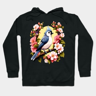 Cute Tufted Titmouse Surrounded by Vibrant Spring Flowers Hoodie